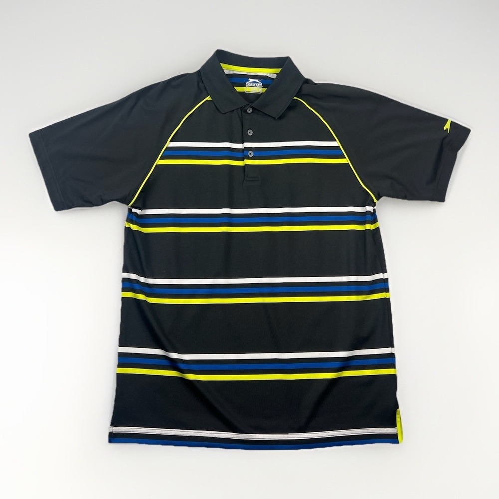 Slazenger Mens M Black Striped Golf Polo Athletic Stretch Performance Shirt